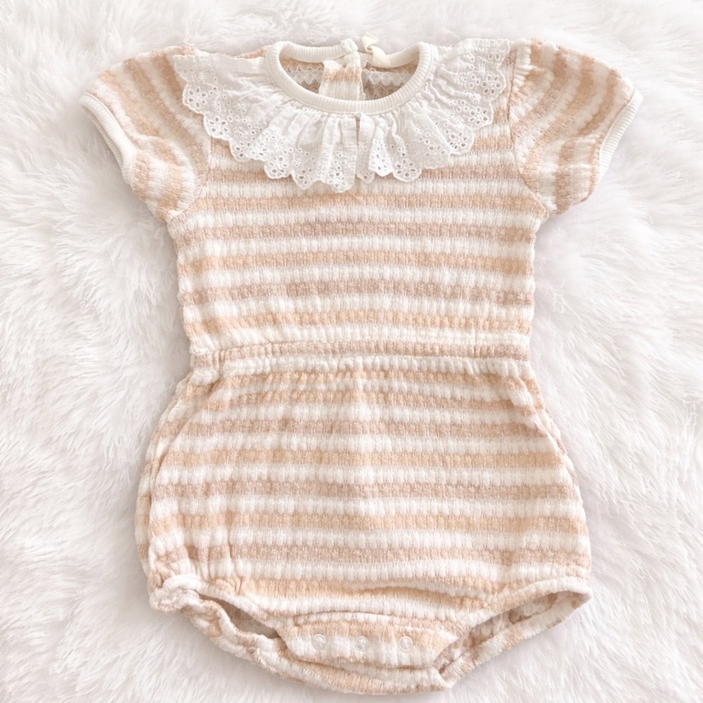 Snug Baby Girl Terry Cloth Romper 18M Beige Stripe Lace Collar Bubble Onesie